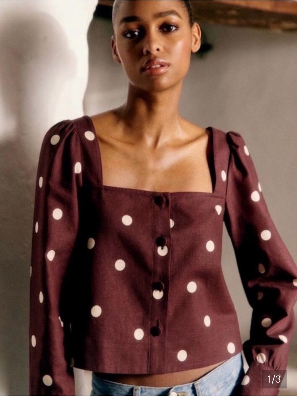 Sezane Polka Dot Square Neck Long Sleeve Top - Brown/White
